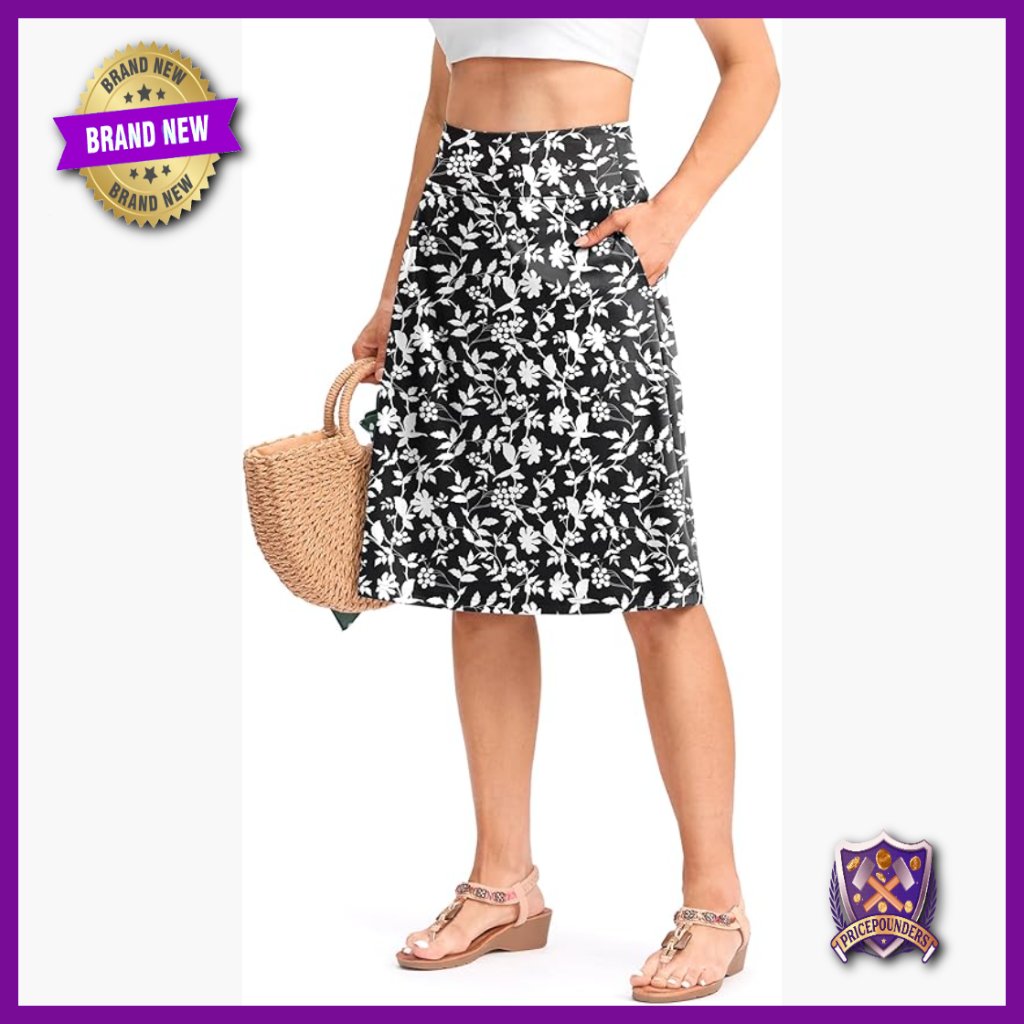 Knee Length Midi Skort With Pockets, Stretchy Polyester, High Rise A-Line